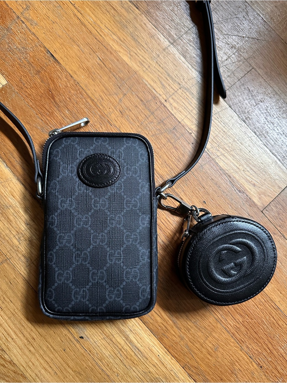Gucci Black GG Supreme Crossbody Phone Pouch with Round Airpods Case